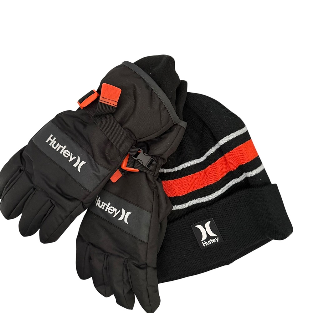 Hurley Youth Beanie and Ski Glove Size L 2-pc Set Reflective Black Orange NWT